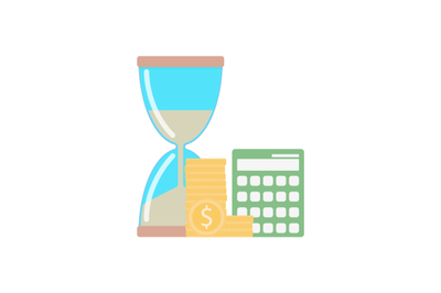 Time and money concept, hourglass and golden coin with calculator. Val