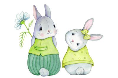 Two pretty cute Bunny couple. Watercolor illustration.