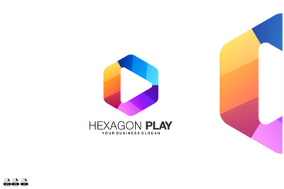 Gradient hexagon play vector logo design illustration