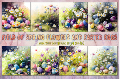 Field Of Spring Flowers And Easter Eggs