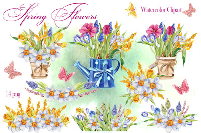 Watercolor Spring Flowers Bouquet