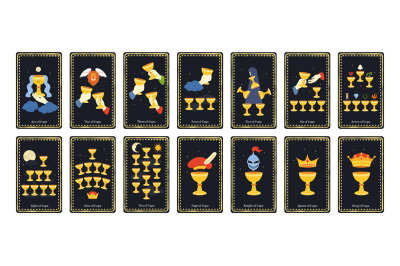 Minor arcana cups tarot cards. King, queen, knight, page and ace of cu