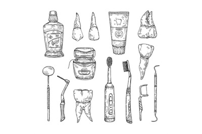 Hand drawn dental care products. Toothpaste, toothbrush and dental flo