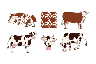 Cartoon cows. Animal from milk farm, lying and standing cattle with te