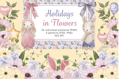 Spring Flowers Clipart. Easter Boy Girl Bunny. Rabbit With Balloon. Bo