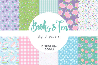 Books Tea Digital Paper | Spring Seamless Patterns Set