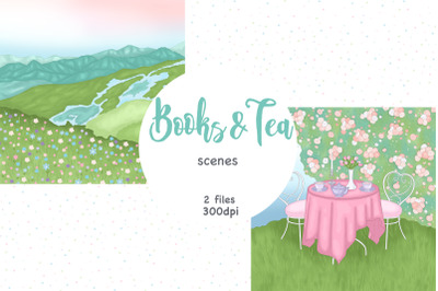 Books And Tea Clipart | Summer Mountains Background