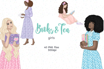 Books And Tea Girl Clipart | Book Lover Illustration