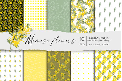Mimosa Flowers Digital Paper JPG, Floral Seamless Patterns