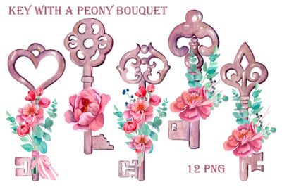 Key with a peony bouquet sublimation