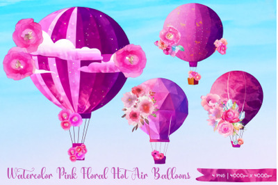 Watercolor Pink Floral Hot Air Balloons  Sublimation PNG