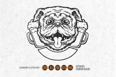 Funny bulldog joint beer glass logo illustrations monochrome