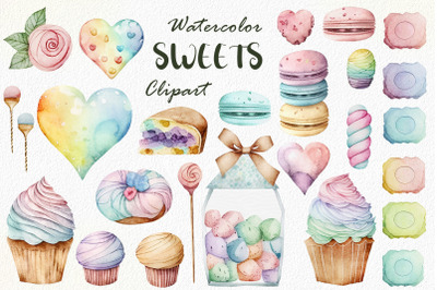 Watercolor sweets clipart, Desserts digital clipart