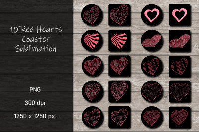 Red Heart Coaster Sublimation Design Bundle PNG