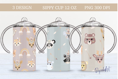 12 Oz Sippy Cup Sublimation Boho Animals  Design PNG