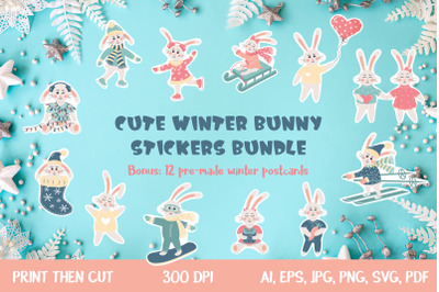 Cute Winter Bunny Stickers bundle/12 pre-made cards