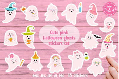 Cute pink Halloween ghosts stickers set