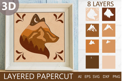 3d shadow box mountain and fox svg, Papercut layered