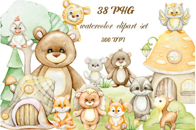 Woodland animals watercolor clipart, forest animal. Baby Shower clip a