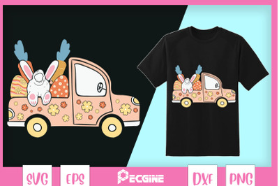 Retro Easter Car Bunny Carrot Floral