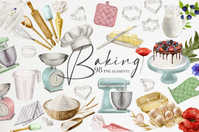 Watercolor baking clipart Cooking Elements Ingredients Hand drawn png