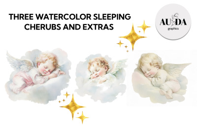 THREE WATERCOLOR SLEEPING CHERUBS AND EXTRAS