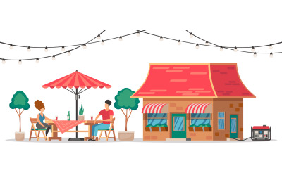 Restaurant with generator. Cartoon people characters sitting in cafe w