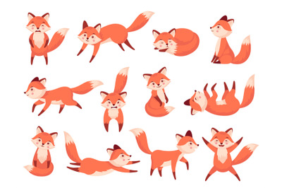 Cute fox. Cartoon red forest animals with various emotions, funny craf