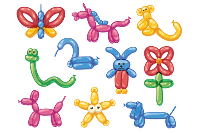 Balloon animals. Cartoon helium rubber dog butterfly horse monkey snak