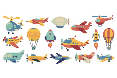 Cute aviation. Doodle colorful air transport&2C; funny airplane helicopte