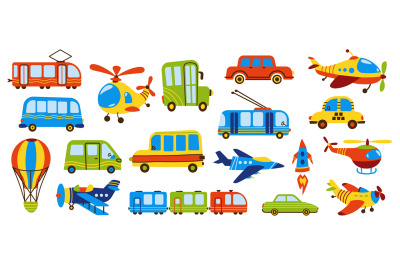 Childish transport. Cute cartoon train taxi car plane blimp hot air ba