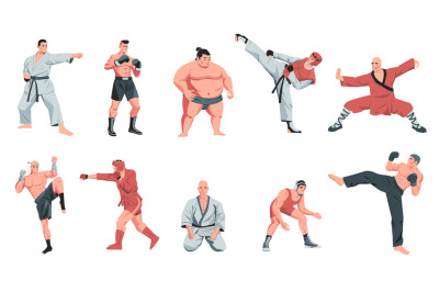 Martial arts fighters. Cartoon warrior characters sparring and trainin