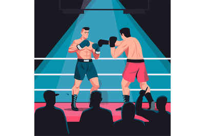 Fight on box ring. Cartoon muscular boxers boxing and wrestling on spa