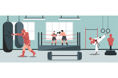 Martial sport club interior. Cartoon fitness gym with sparring ring an