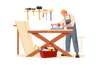 Carpentry workshop. Cartoon carpenter character sawing wood board maki