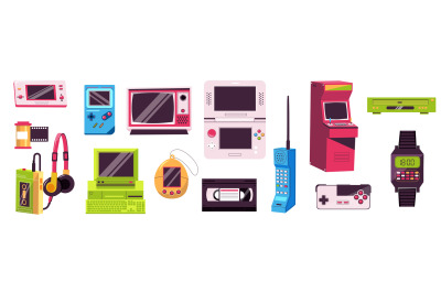 Retro devices. Cartoon vintage 90s gadgets, cute colorful hipster anal