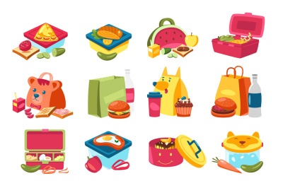 School lunchboxes. Cute plastic kid lunch box with homemade food, chil