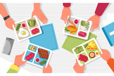 Hands with lunchbox. Arms holding containers with healthy food on tabl