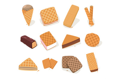 Waffle shapes. Cartoon wafer biscuits and cakes different forms, delic