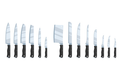 Kitchen knives. Cartoon sharp blade knife, variety of tableware cookin