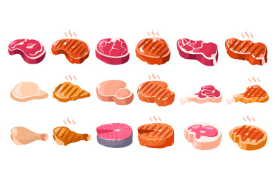 Meat tenderloin. Cartoon sliced butchery steaks for barbecue, cooked g