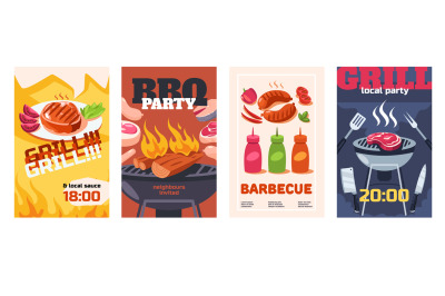 Grill party poster. Barbecue flyer templates with equipment for cookin