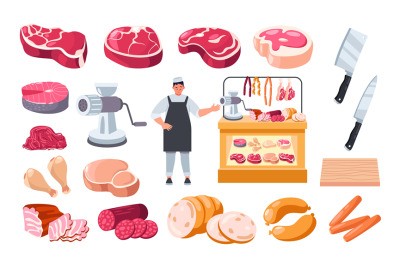 Cartoon butcher with meat. Man character with knife in chef uniform of