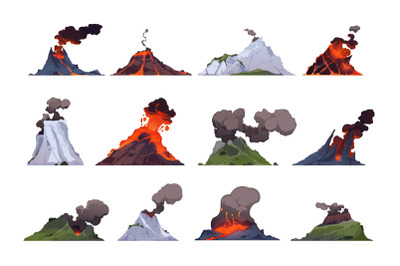 Volcano collection. Rock exploding with magma, smoke and ashes, volcan