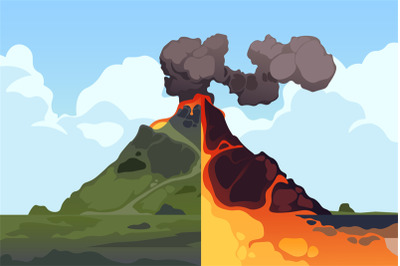 Volcano cross section. Volcanic mountain eruption cross-section scheme