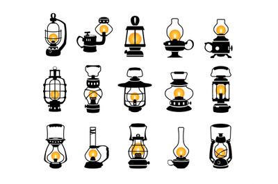 Lantern silhouette. Vintage black oil kerosene gas lamps, monochrome r