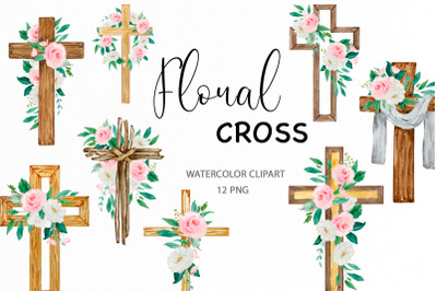Watercolor floral cross clipart