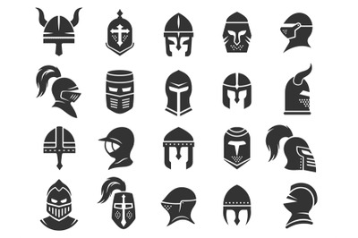 Medieval helmets. Ancient warrior knight head armor with visor plumage