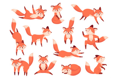 Fox character. Cute cartoon wildlife red mammals in different poses an