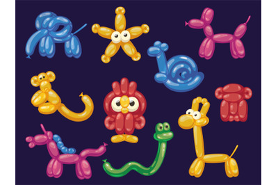 Cartoon balloon animals. Cute helium dog horse monkey elephant snake s
